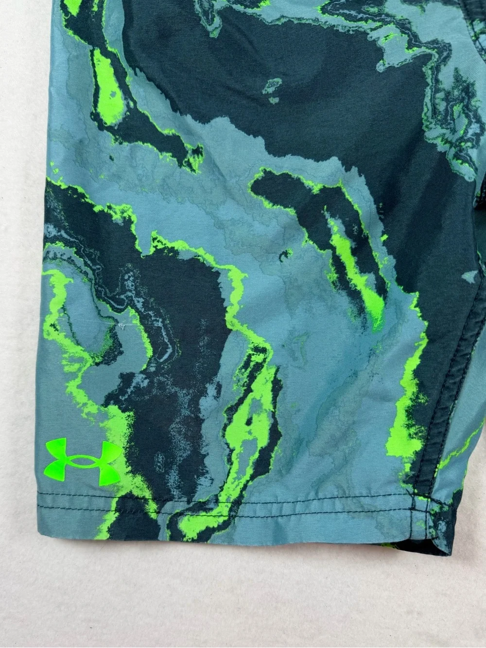 Under Armour Swim Trunks YMD Blue Neon Green Marble Print